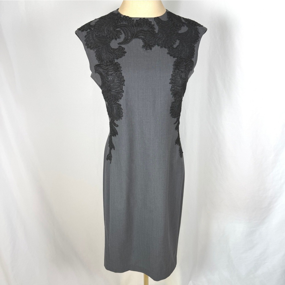 Josie Natori Grey Virgin Wool Lace Sheath Dress 6 EUC - Picture 1 of 10